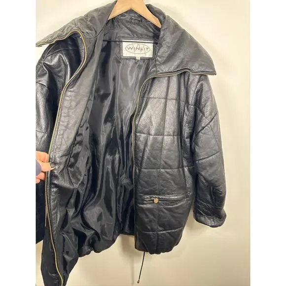 WINLIT Vintage Quilted Genuine Leather Puffer Jacket - Black, Large - Picture 7 of 8